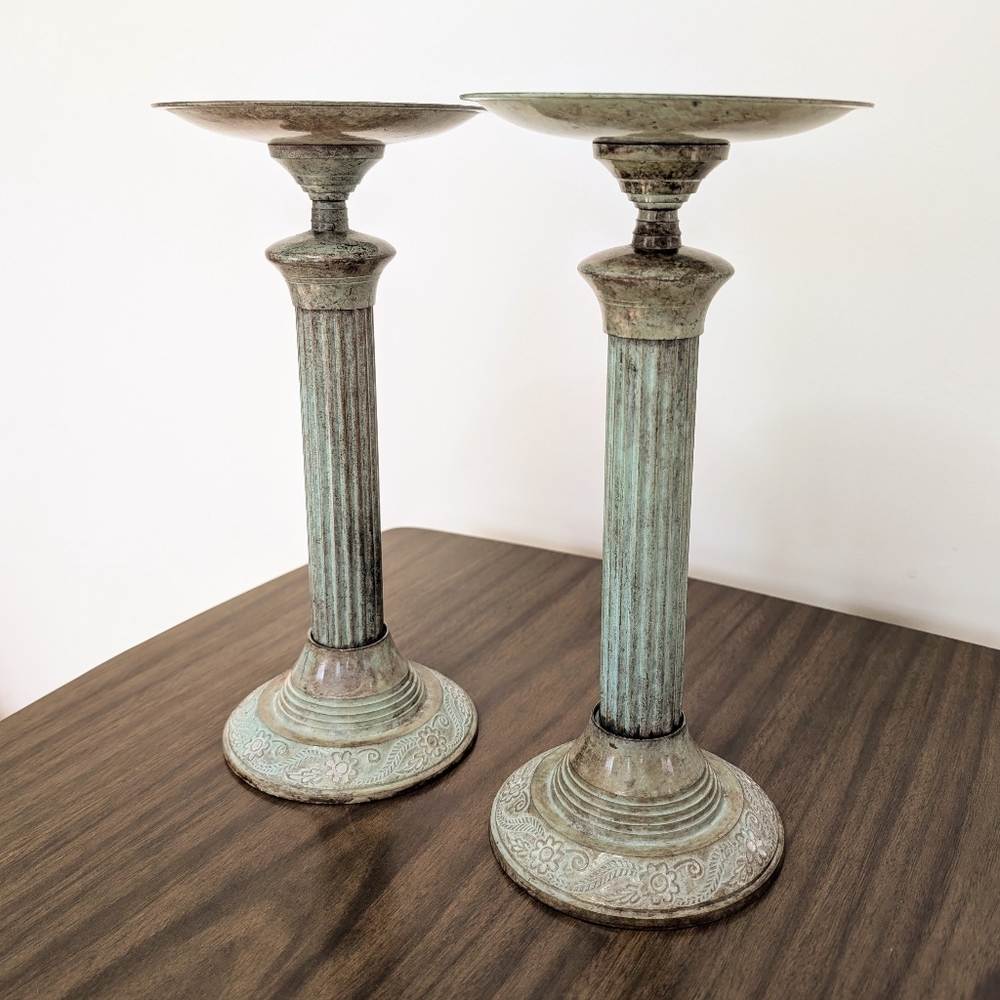 Vintage 1970s Greecian Roman Piller Style Metal Patina Tall Candle Holder Pair - Picture 2 of 7